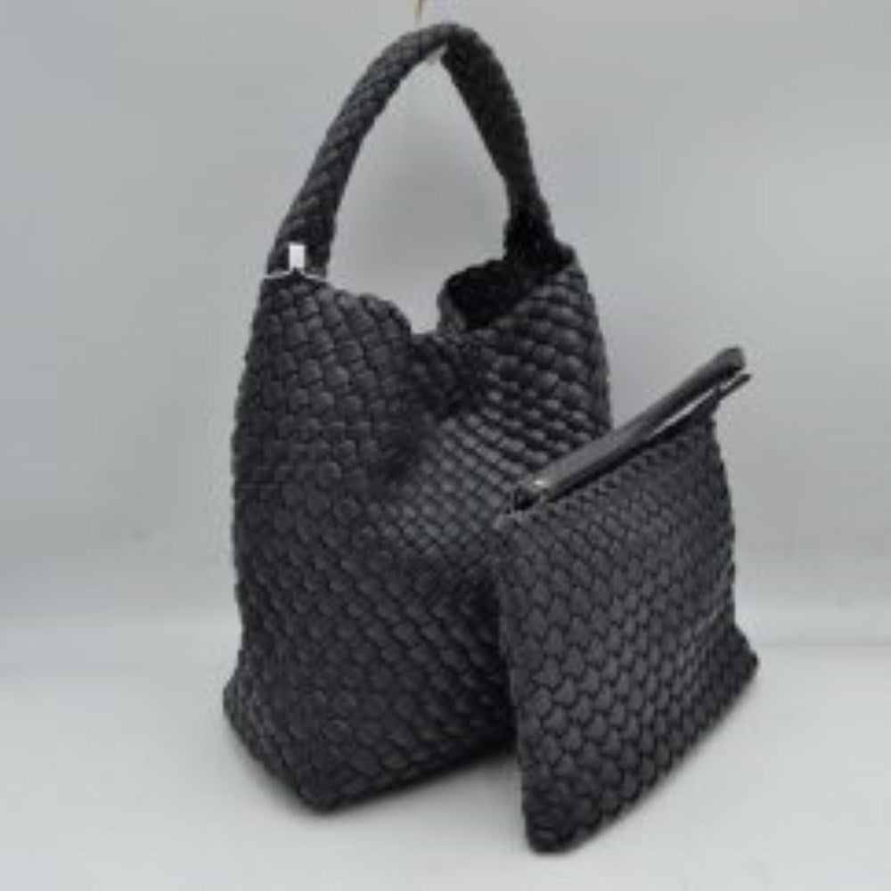 Dust Gray This stylish everyday hobo bag features an all-over classic basket weave design and a slouchy silhouette. It is crafted with a seamless, integrated wide top handle that transitions directly into the main storage compartment for comfortable hand or shoulder carrying.