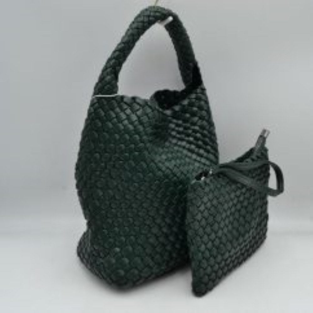 Dust Green This stylish everyday hobo bag features an all-over classic basket weave design and a slouchy silhouette. It is crafted with a seamless, integrated wide top handle that transitions directly into the main storage compartment for comfortable hand or shoulder carrying.