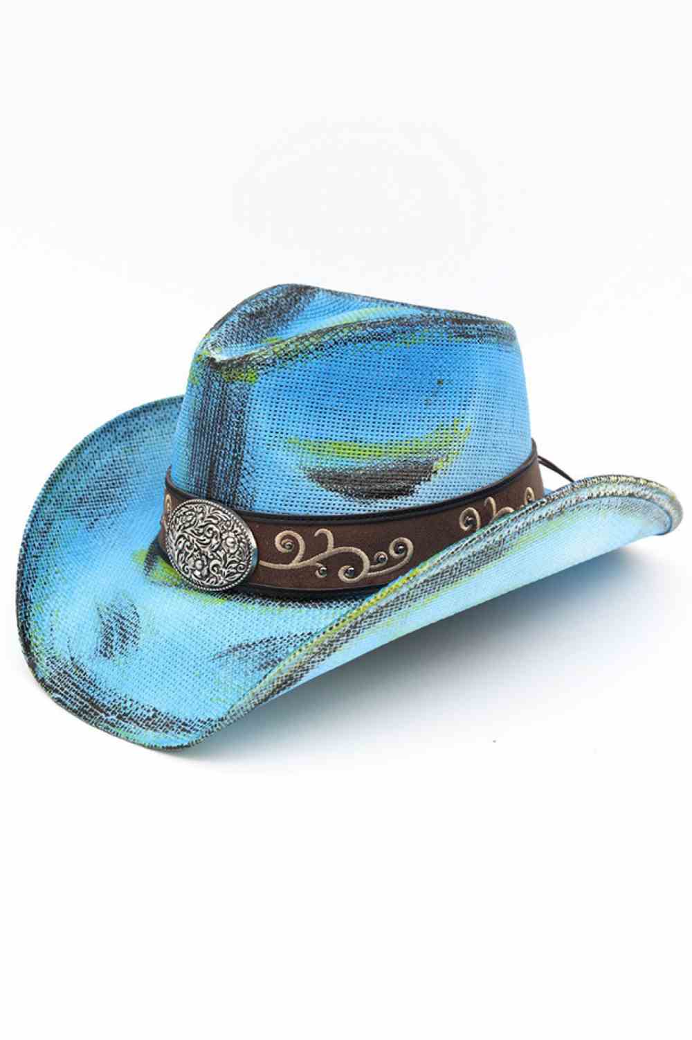 Dusty Blue Embrace Western style with this rustic straw cowboy hat, featuring a faux leather band adorned with beads and studs for authentic cowgirl charm. Crafted from 100% paper material, it's lightweight and breathable perfect for outdoor adventures, festivals, or everyday wear. The silver accents add a touch of sparkle to your look. Made in China.