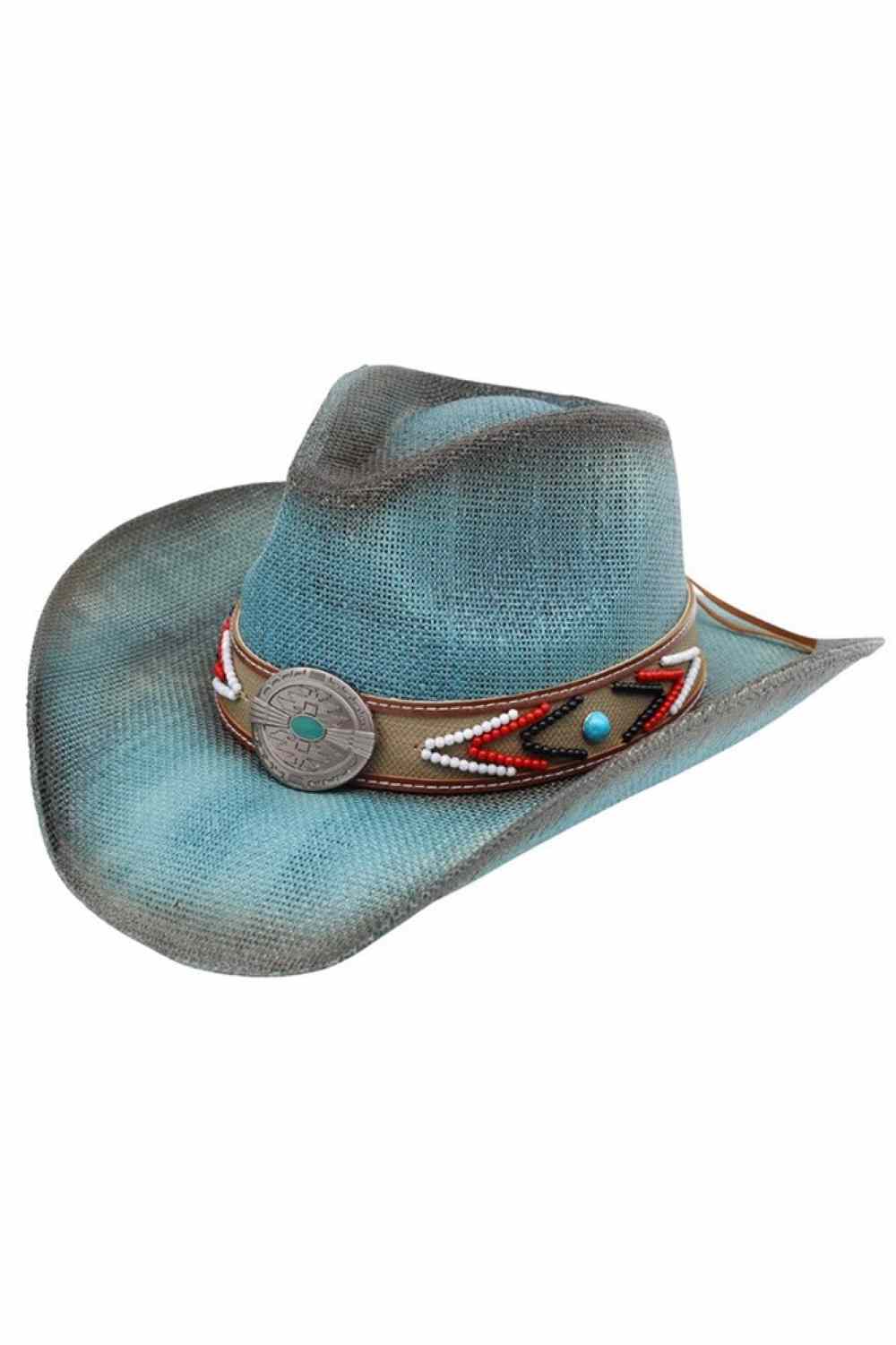 Dusty Blue Embrace authentic Western style with this striking cowboy hat featuring a bold horse and horseshoe print. Crafted from 100% paper for breathable comfort, the design showcases decorative X-lace detailing and ornamental conchos that capture classic cowgirl charm. The under-brim construction adds dimension and visual interest. Perfect for rodeos, country events, or everyday Western wear. Made in China.