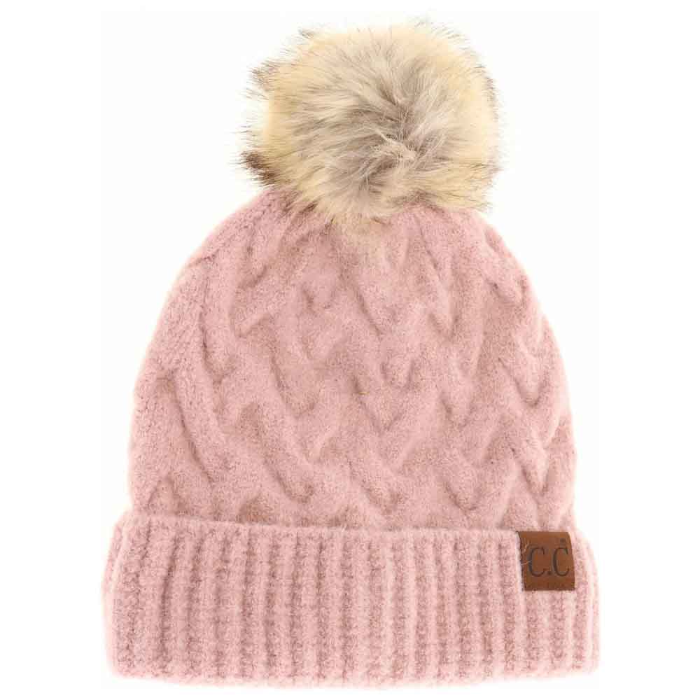 Dusty Rose Chunky Braided Cable Knit Fur Pom C.C Beanie combines classic craftsmanship with modern warmth. Expertly knit with thick braided cables, this beanie provides robust insulation against cold weather. The plush fur pom adds a refined, textured accent, enhancing both style and comfort. Designed for a snug yet flexible fit, it offers reliable protection for winter activities while elevating your everyday cold-weather wardrobe. 