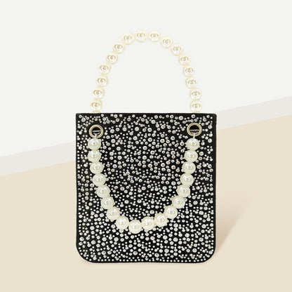 Madeline Love Black Bling Rectangle Pearl Handle Evening Tote / Crossbody Bag - Bags & Wallets
