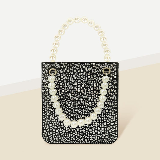 Madeline Love Black Bling Rectangle Pearl Handle Evening Tote / Crossbody Bag - Bags & Wallets