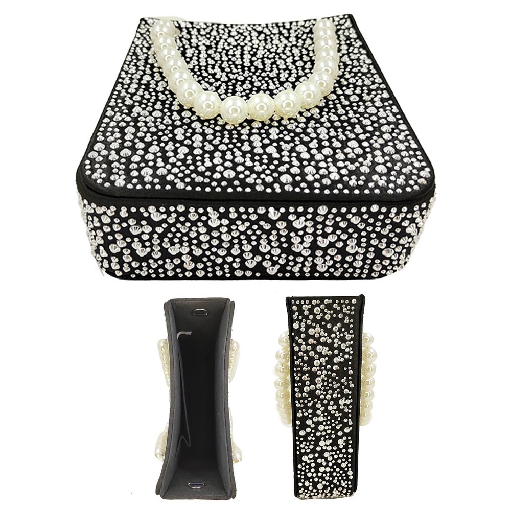 Madeline Love Black Bling Rectangle Pearl Handle Evening Tote / Crossbody Bag - Bags & Wallets - desc