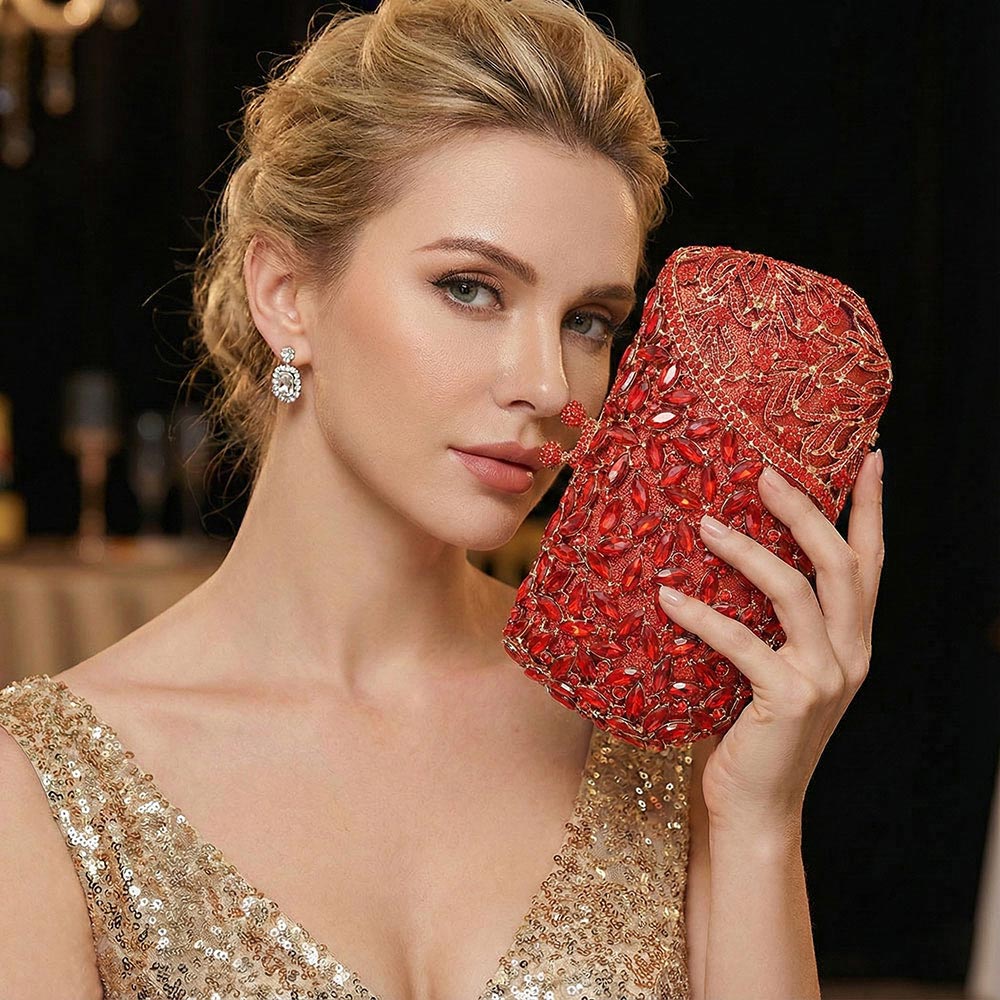 Madeline Love Red Floral Leaf Crystal Frame Evening Clutch Shoulder Bag - Bags & Wallets