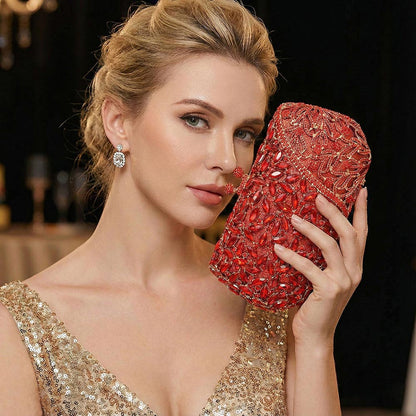 Madeline Love Red Floral Leaf Crystal Frame Evening Clutch Shoulder Bag - Bags & Wallets