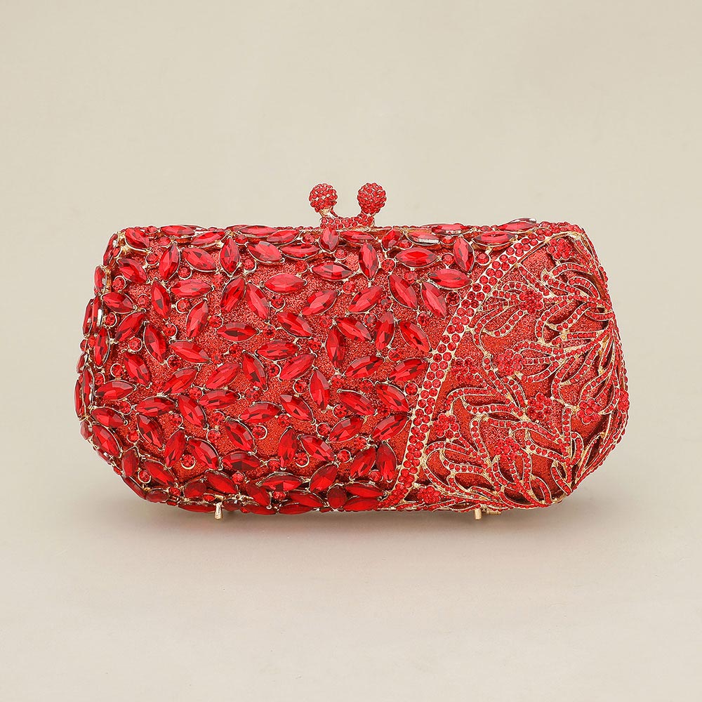 Madeline Love Red Floral Leaf Crystal Frame Evening Clutch Shoulder Bag - Bags & Wallets - desc