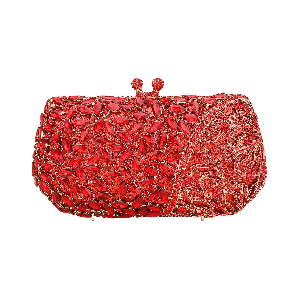 Madeline Love Red Floral Leaf Crystal Frame Evening Clutch Shoulder Bag - Bags & Wallets - extra