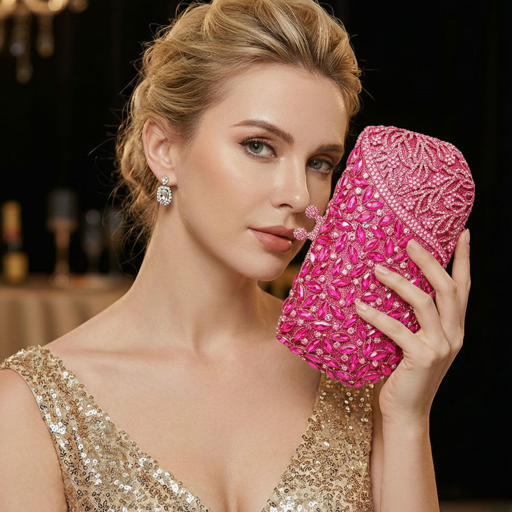Madeline Love Red, Rose Floral Leaf Crystal Frame Evening Clutch Shoulder Bag - Bags & Wallets