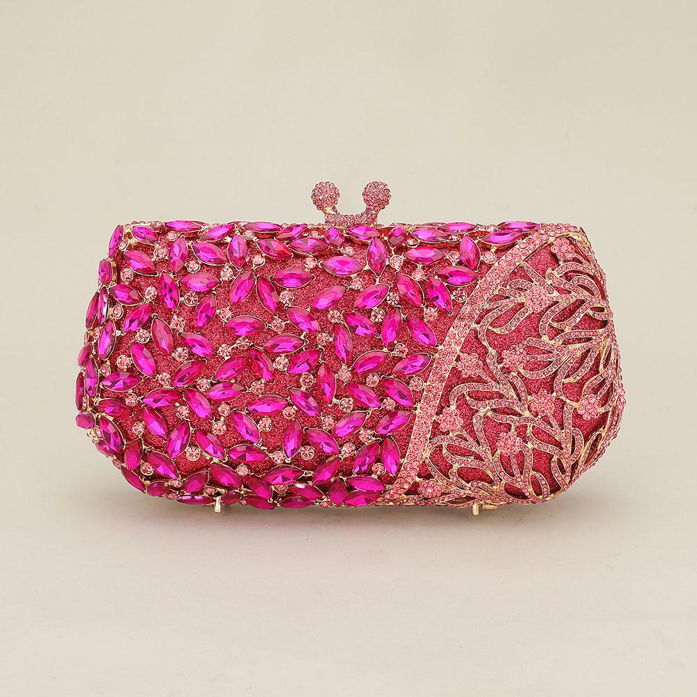Madeline Love Red, Rose Floral Leaf Crystal Frame Evening Clutch Shoulder Bag - Bags & Wallets - desc