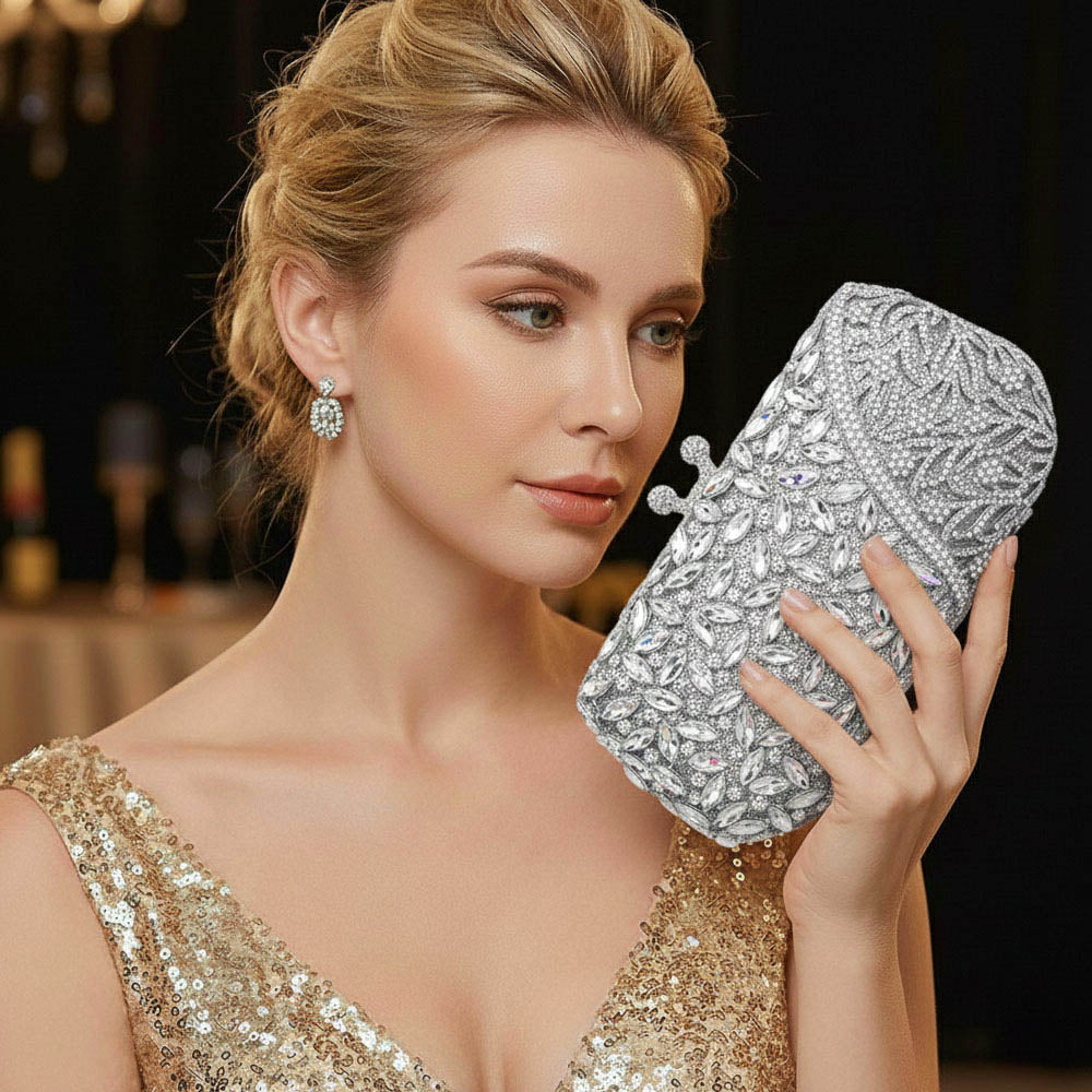 Madeline Love Silver Floral Leaf Crystal Frame Evening Clutch Shoulder Bag - Bags & Wallets