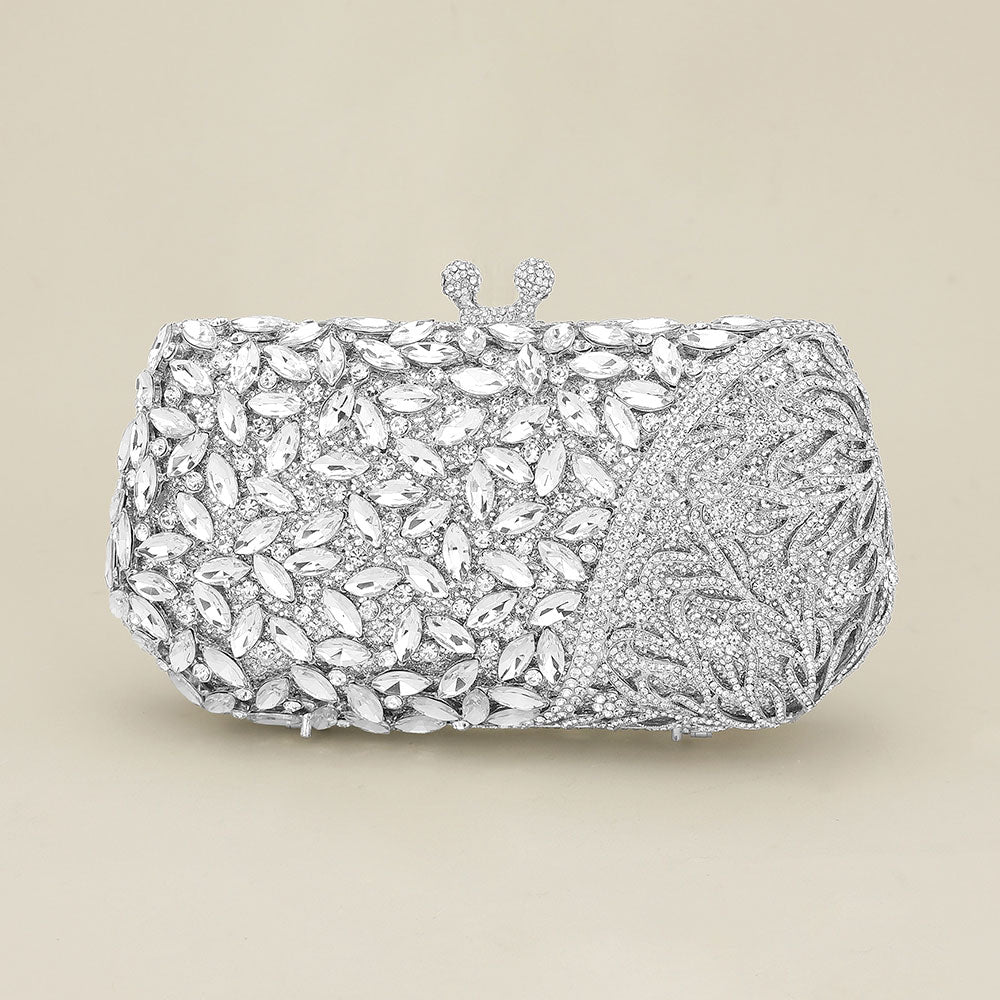Madeline Love Silver Floral Leaf Crystal Frame Evening Clutch Shoulder Bag - Bags & Wallets - desc