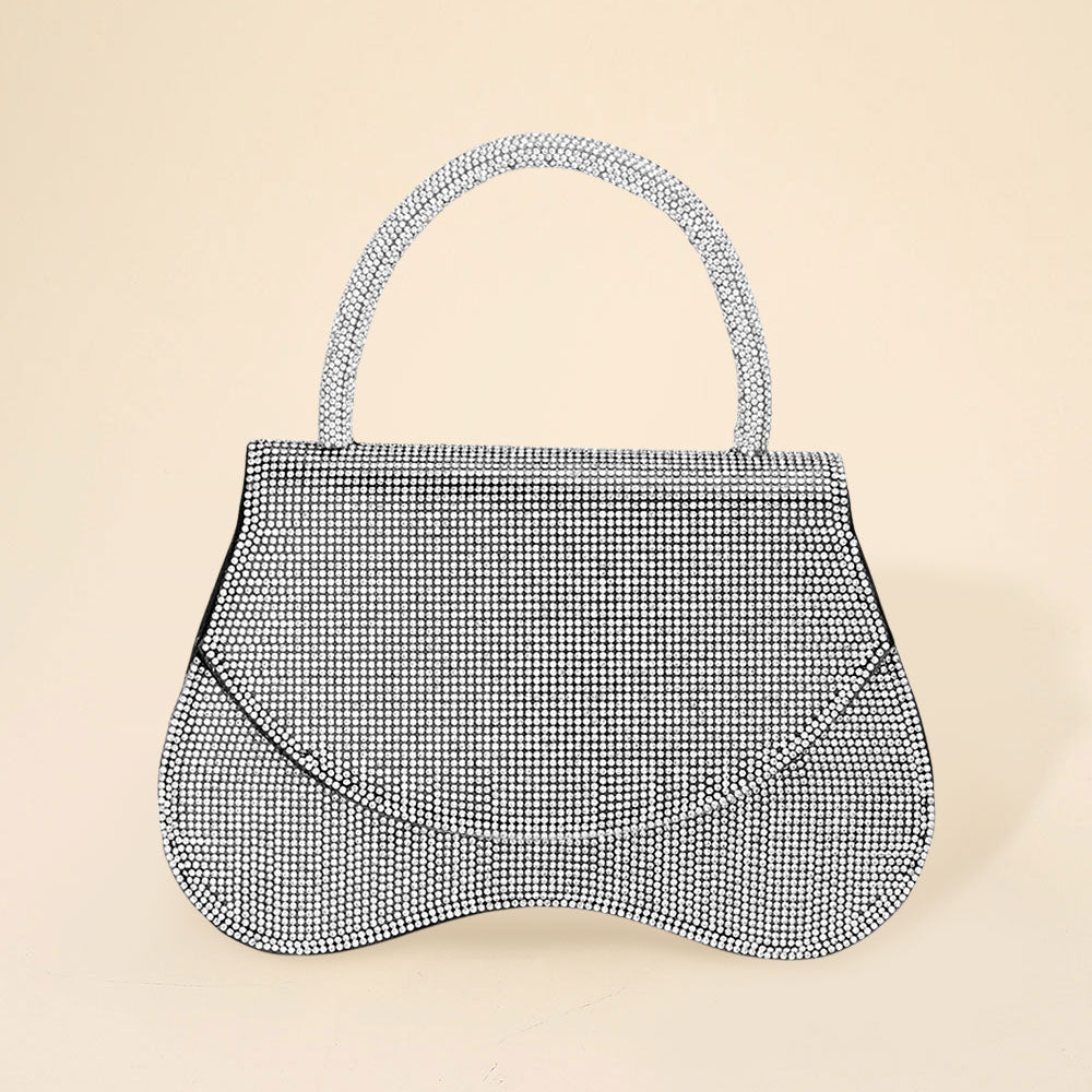 Madeline Love Black, Clear Bling Studded Flat Top Handle Flap Evening Bag / Crossbody Bag - Bags & Wallets