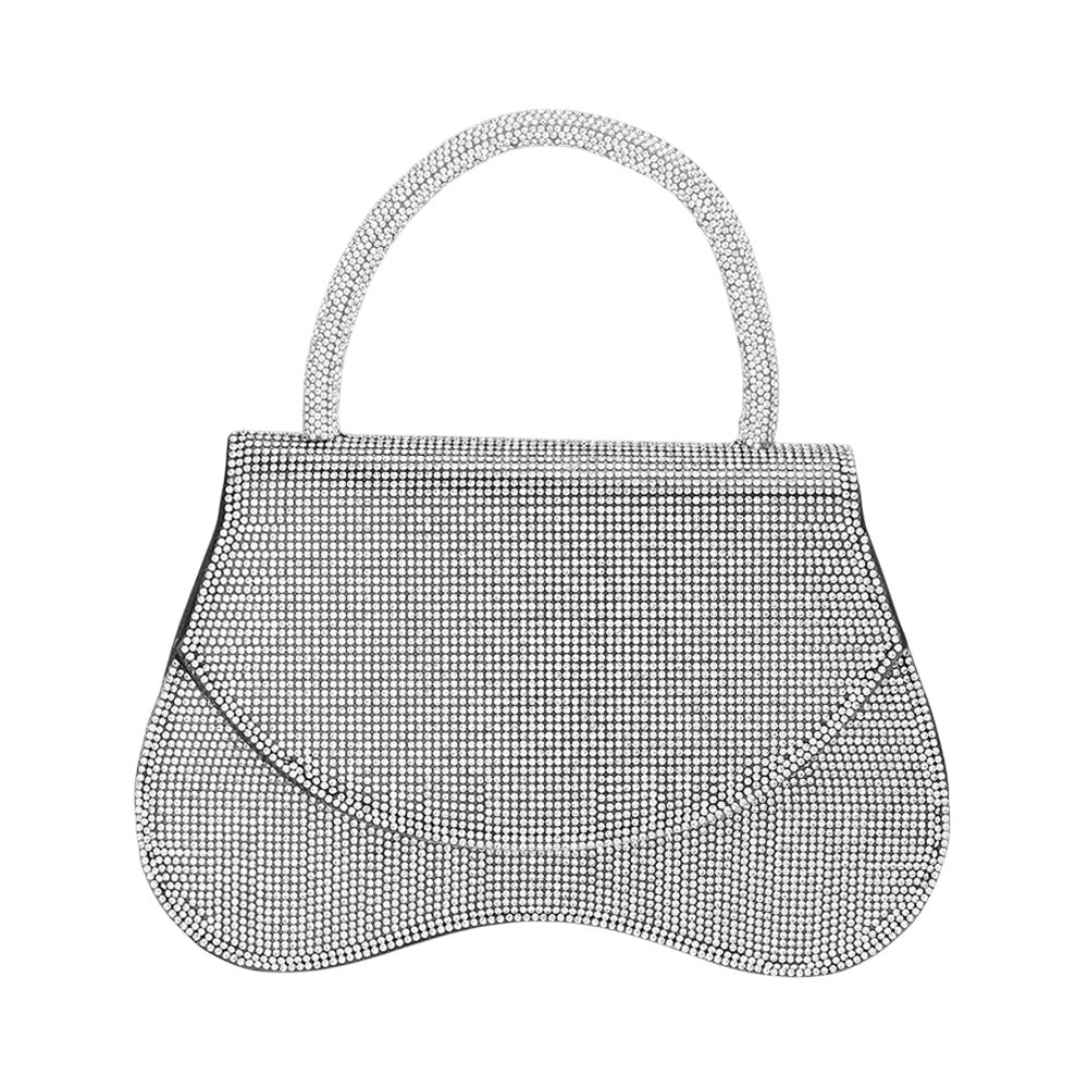 Madeline Love Black, Clear Bling Studded Flat Top Handle Flap Evening Bag / Crossbody Bag - Bags & Wallets - desc