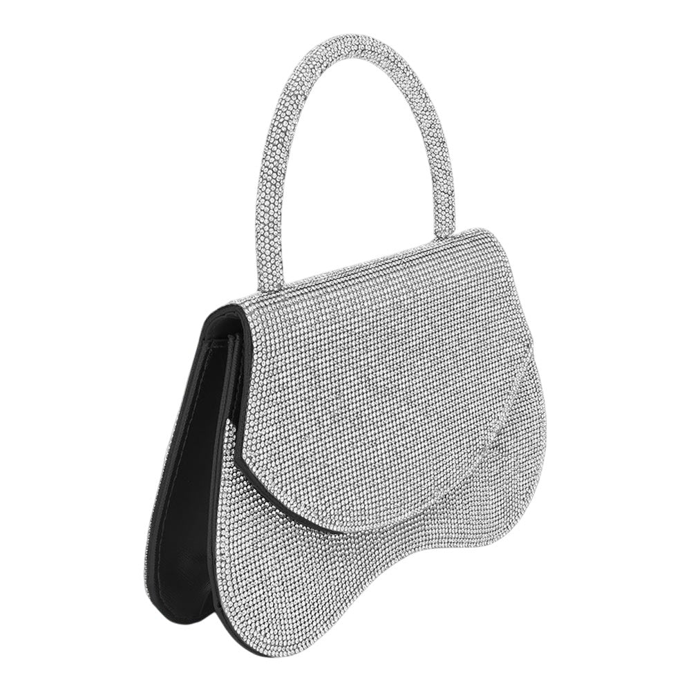 Madeline Love Black, Clear Bling Studded Flat Top Handle Flap Evening Bag / Crossbody Bag - Bags & Wallets - extra