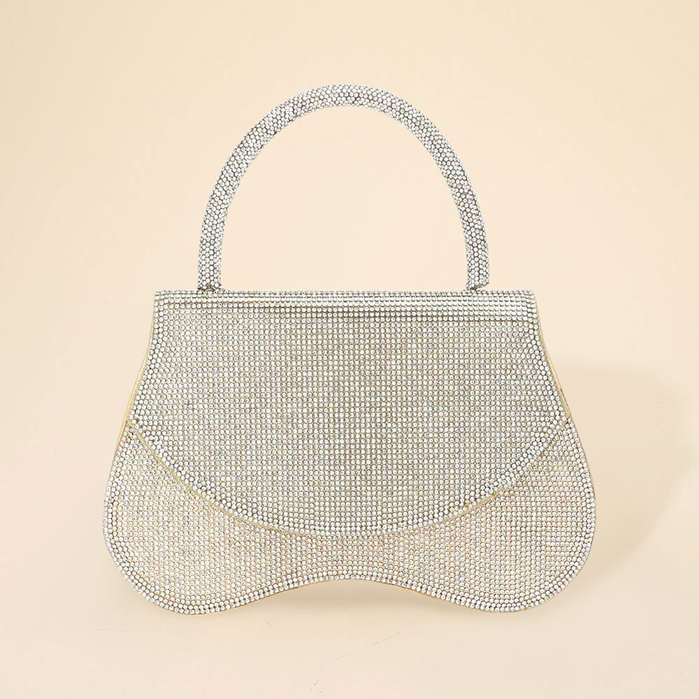 Madeline Love Clear, Gold Bling Studded Flat Top Handle Flap Evening Bag / Crossbody Bag - Bags & Wallets