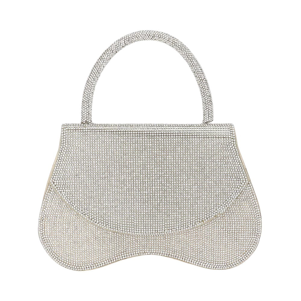 Madeline Love Clear, Gold Bling Studded Flat Top Handle Flap Evening Bag / Crossbody Bag - Bags & Wallets - desc