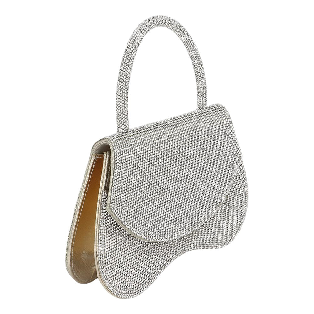Madeline Love Clear, Gold Bling Studded Flat Top Handle Flap Evening Bag / Crossbody Bag - Bags & Wallets - extra