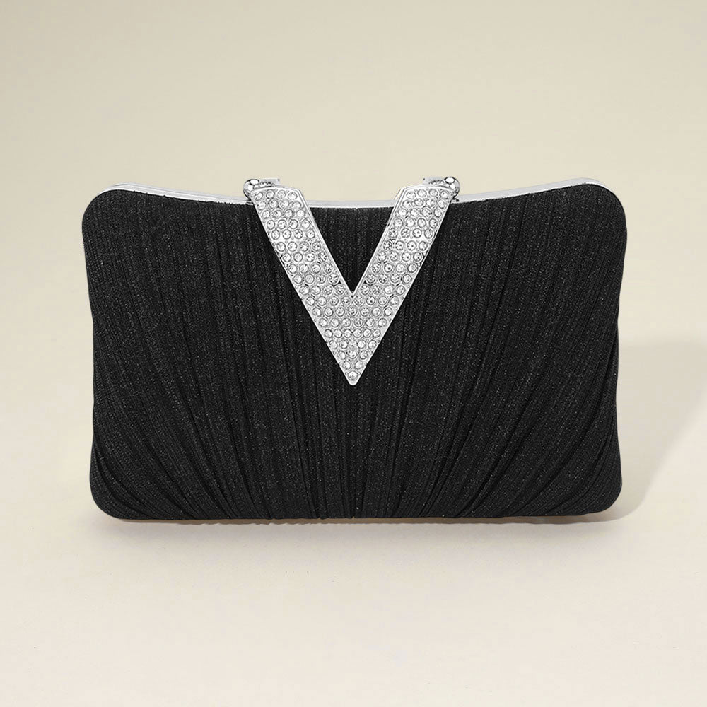 Madeline Love Black Sparkle Fabric Stone Paved V Fold Evening Clutch Crossbody Bag - Bags & Wallets