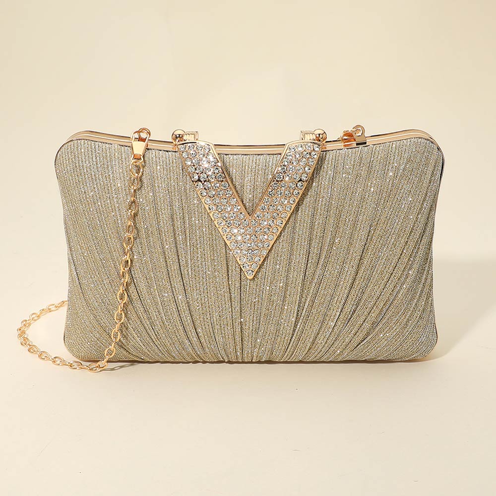 Madeline Love Gold Sparkle Fabric Stone Paved V Fold Evening Clutch Crossbody Bag - Bags & Wallets