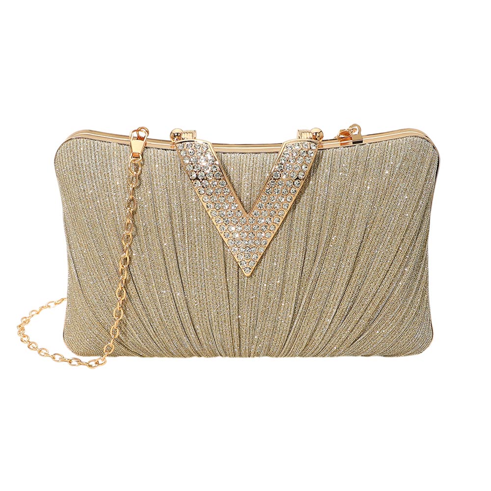 Madeline Love Gold Sparkle Fabric Stone Paved V Fold Evening Clutch Crossbody Bag - Bags & Wallets - desc