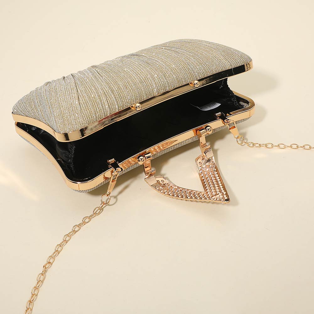 Madeline Love Gold Sparkle Fabric Stone Paved V Fold Evening Clutch Crossbody Bag - Bags & Wallets - extra
