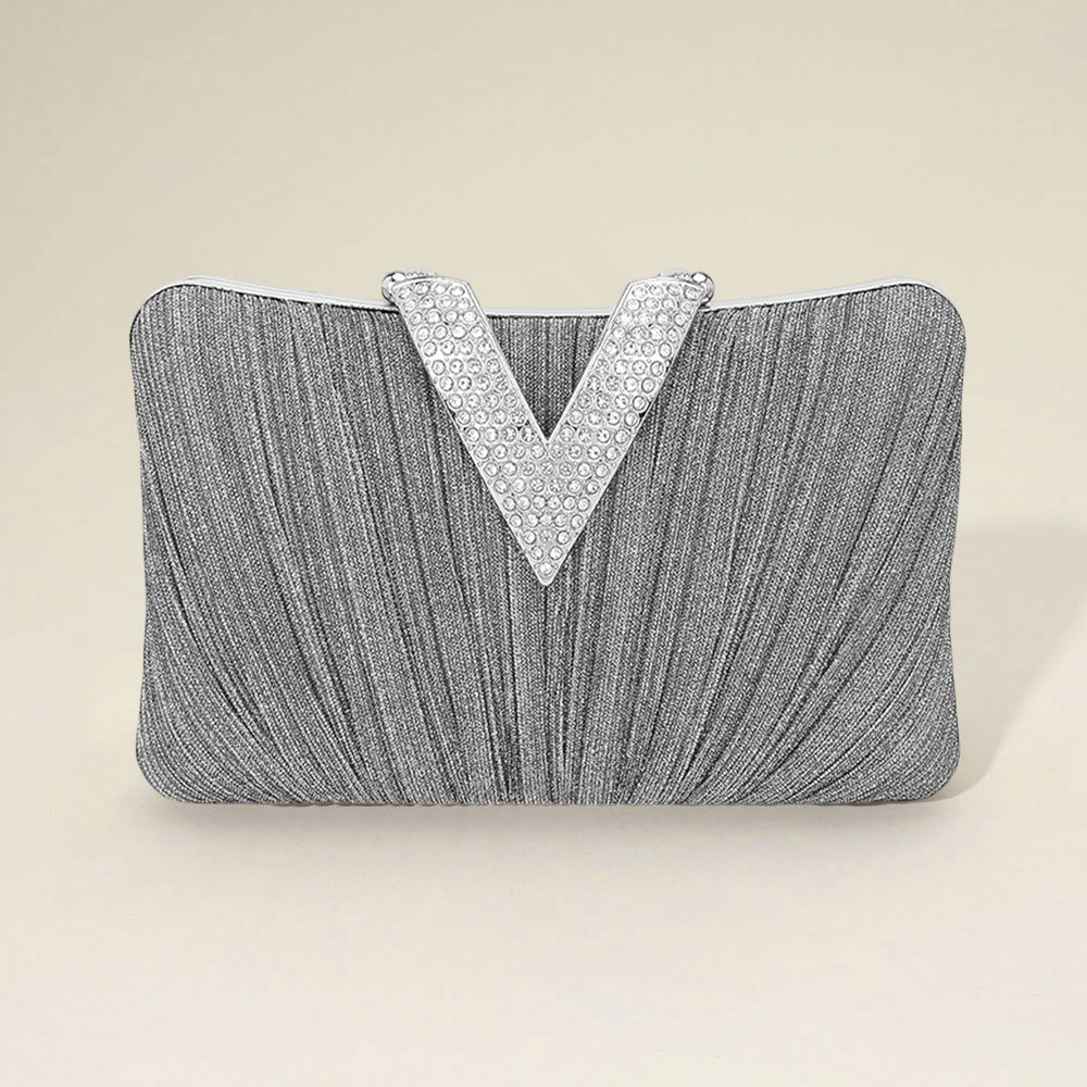 Madeline Love Gray Sparkle Fabric Stone Paved V Fold Evening Clutch Crossbody Bag - Bags & Wallets