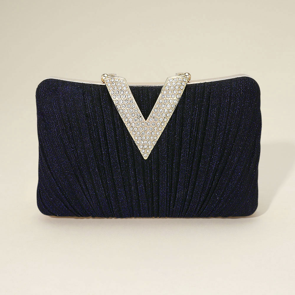 Madeline Love Navy Sparkle Fabric Stone Paved V Fold Evening Clutch Crossbody Bag - Bags & Wallets