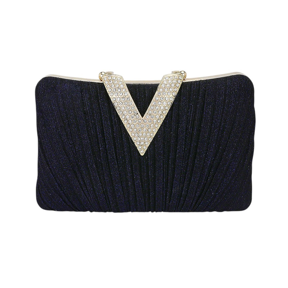 Madeline Love Navy Sparkle Fabric Stone Paved V Fold Evening Clutch Crossbody Bag - Bags & Wallets - desc