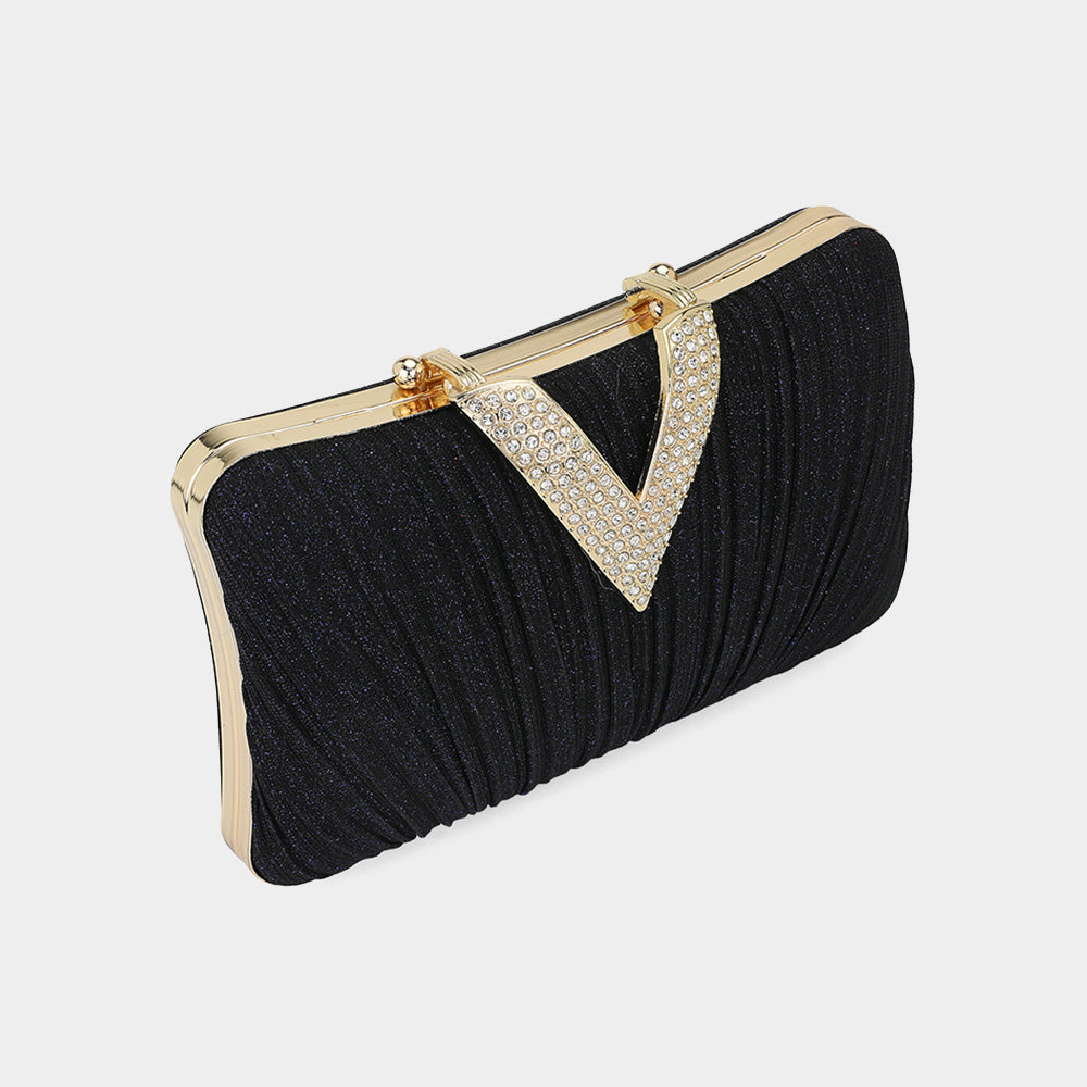 Madeline Love Navy Sparkle Fabric Stone Paved V Fold Evening Clutch Crossbody Bag - Bags & Wallets - extra