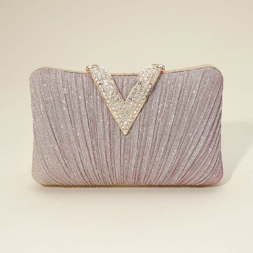 Madeline Love Pink Sparkle Fabric Stone Paved V Fold Evening Clutch Crossbody Bag - Bags & Wallets