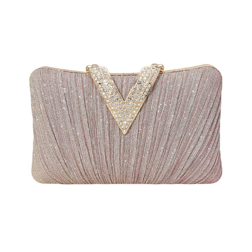 Madeline Love Pink Sparkle Fabric Stone Paved V Fold Evening Clutch Crossbody Bag - Bags & Wallets - desc