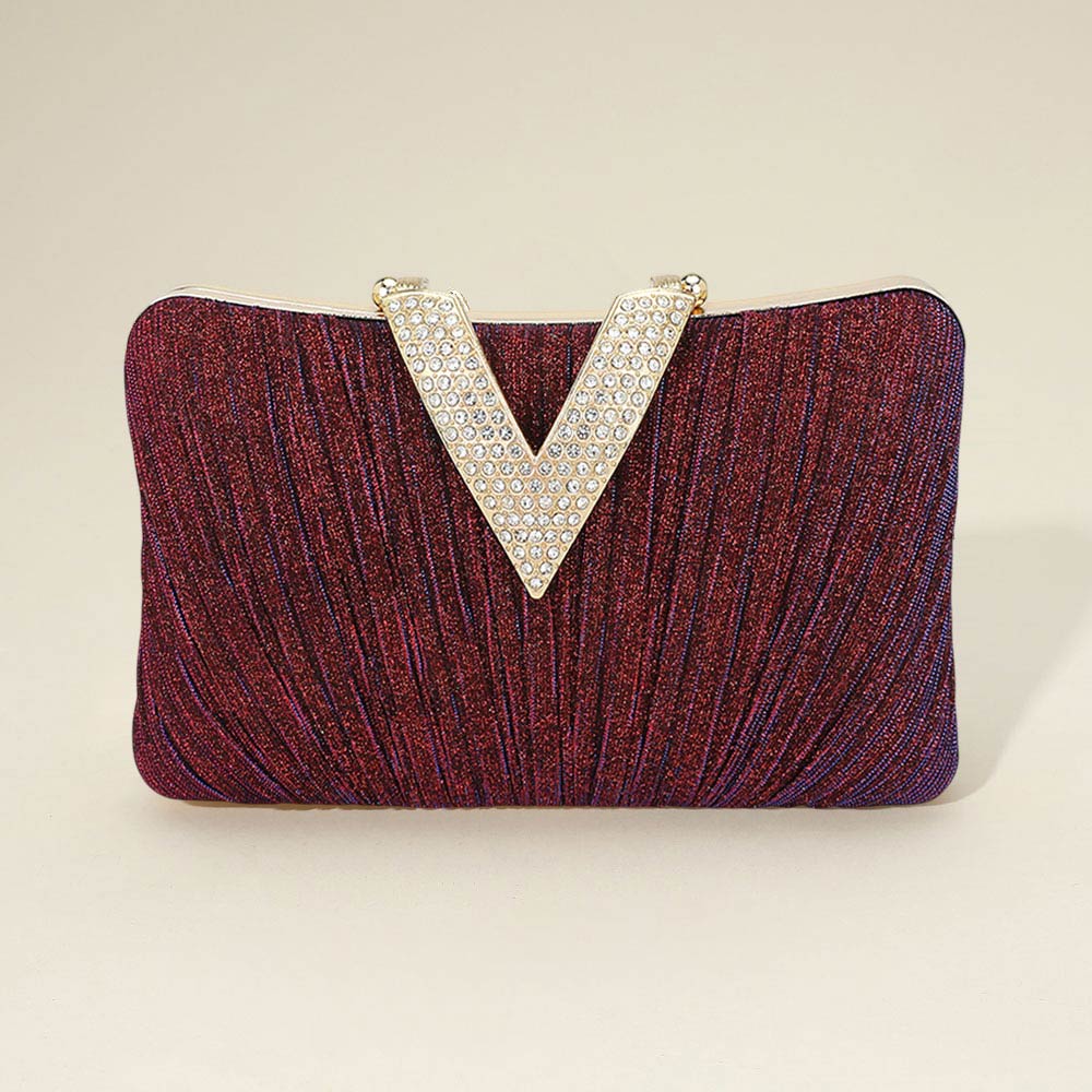 Madeline Love Purple Sparkle Fabric Stone Paved V Fold Evening Clutch Crossbody Bag - Bags & Wallets