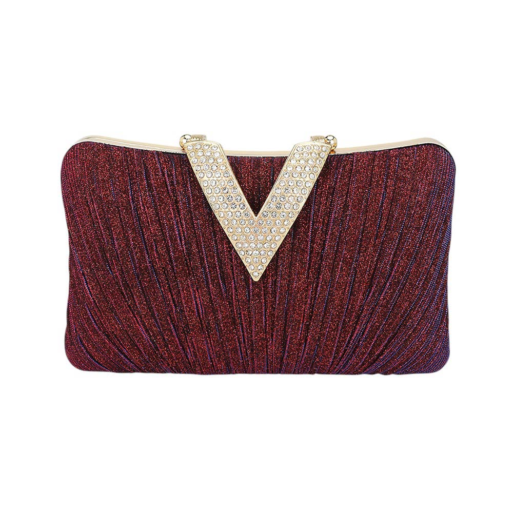 Madeline Love Purple Sparkle Fabric Stone Paved V Fold Evening Clutch Crossbody Bag - Bags & Wallets - desc