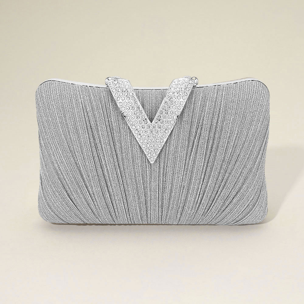 Madeline Love Silver Sparkle Fabric Stone Paved V Fold Evening Clutch Crossbody Bag - Bags & Wallets