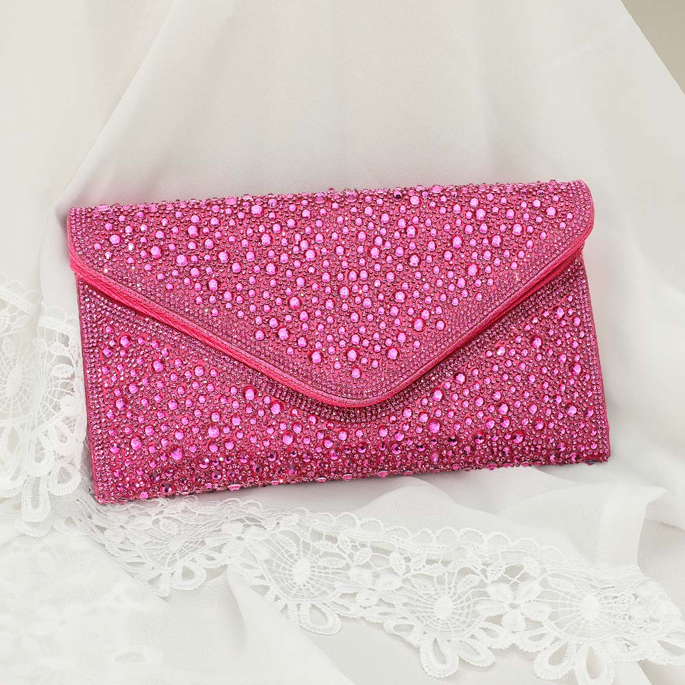 Madeline Love Rose Bling Stone Studded Flap Envelope Evening Clutch Crossbody Bag - Bags & Wallets
