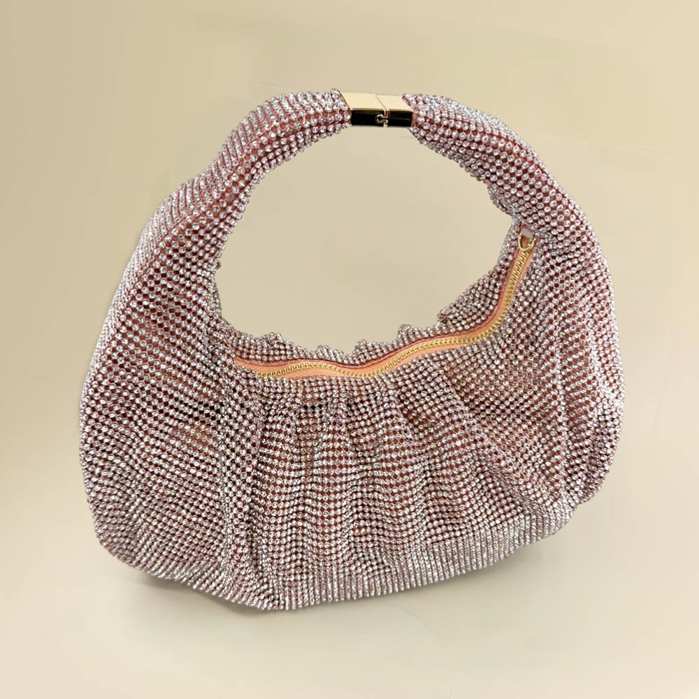 Madeline Love Rose Gold Rhinestone Bling Studded Slouch Hobo Evening Crossbody Bag - Bags & Wallets - desc