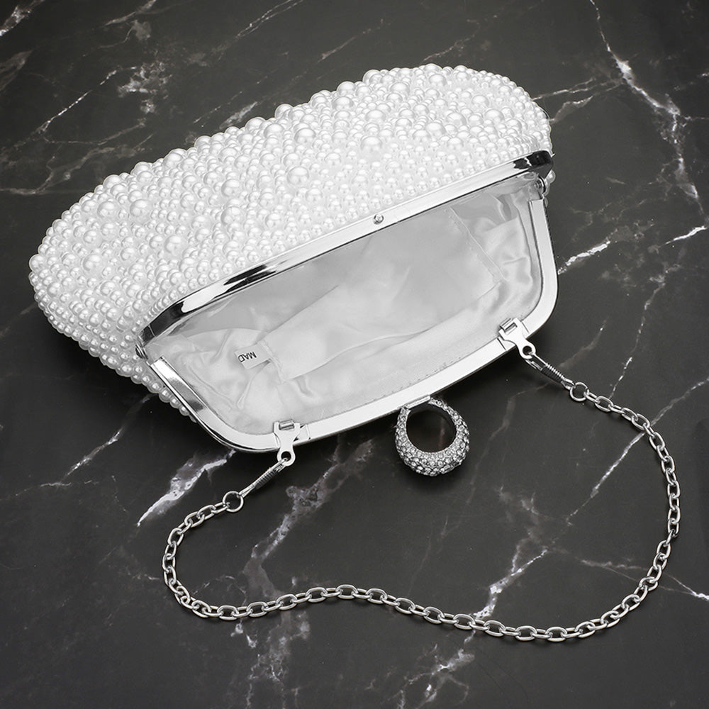 Madeline Love Silver Pearl Embellished Evening Clutch Bag / Crossbody Bag - Bags & Wallets - extra