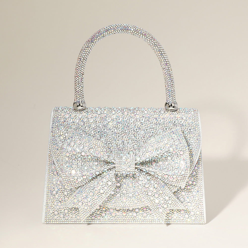 Madeline Love AB, Silver Bling Studded Bow Accented Top Handle Evening Hand Bag / Crossbody Bag - Bags & Wallets