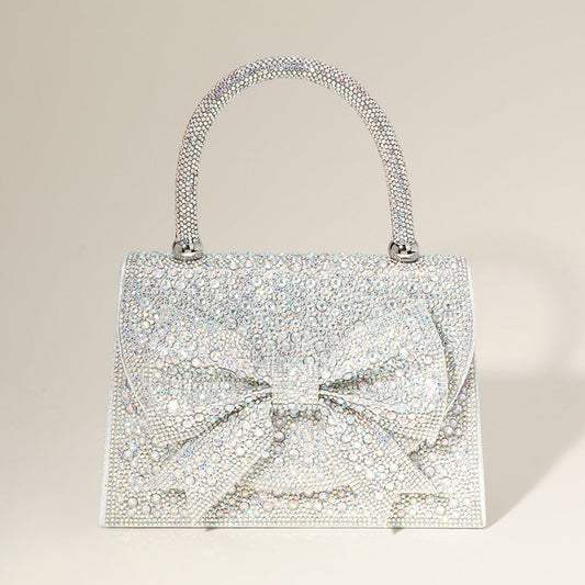Madeline Love AB, Silver Bling Studded Bow Accented Top Handle Evening Hand Bag / Crossbody Bag - Bags & Wallets