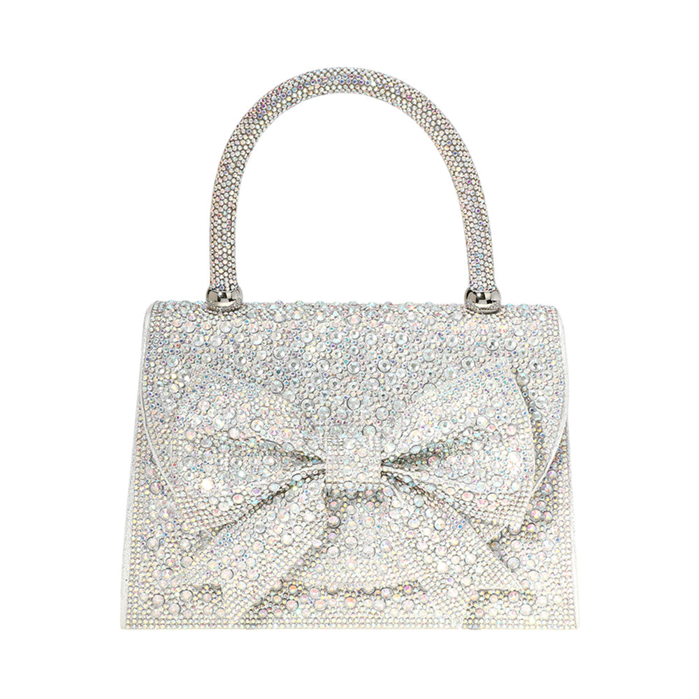 Madeline Love AB, Silver Bling Studded Bow Accented Top Handle Evening Hand Bag / Crossbody Bag - Bags & Wallets - desc