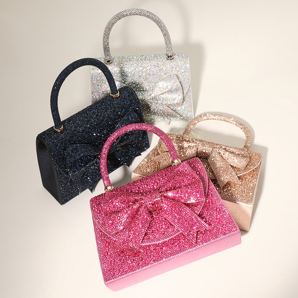 Madeline Love AB, Silver Bling Studded Bow Accented Top Handle Evening Hand Bag / Crossbody Bag - Bags & Wallets - extra