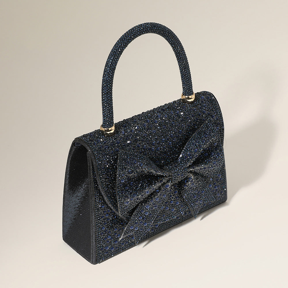 Madeline Love AB, Silver Bling Studded Bow Accented Top Handle Evening Hand Bag / Crossbody Bag - Bags & Wallets - extra