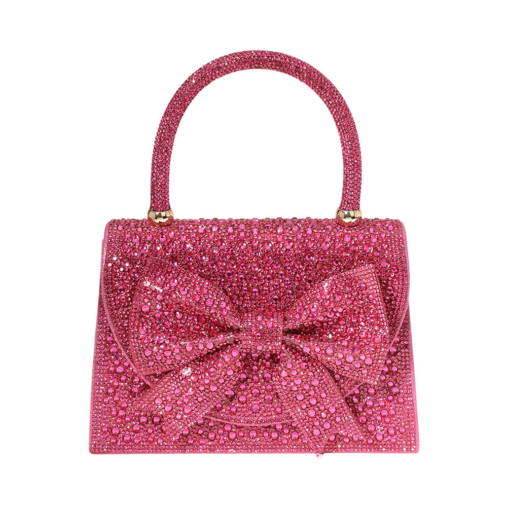Madeline Love Pink Bling Studded Bow Accented Top Handle Evening Hand Bag / Crossbody Bag - Bags & Wallets - desc