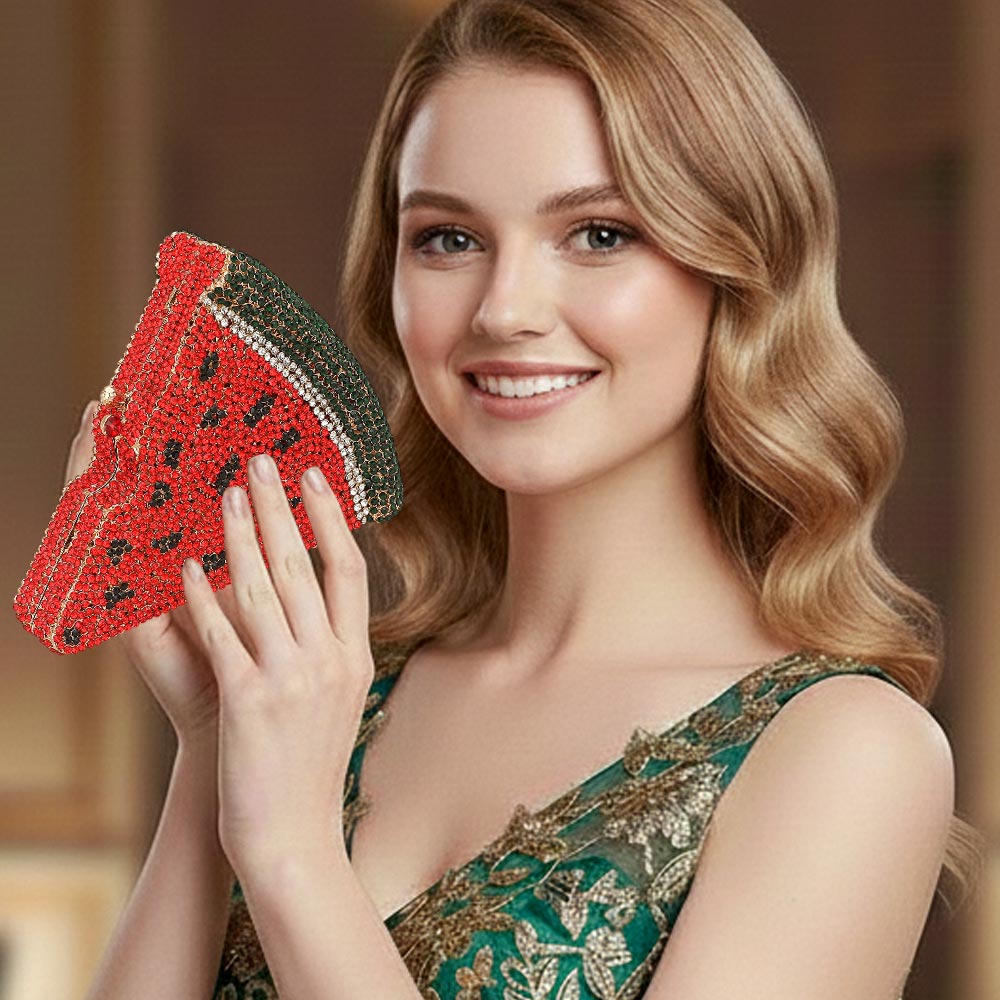Madeline Love Red Crystal Rhinestone Embellished Watermelon Slice Evening Clutch Shoulder Bag - Bags & Wallets