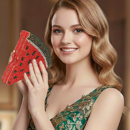 Madeline Love Red Crystal Rhinestone Embellished Watermelon Slice Evening Clutch Shoulder Bag - Bags & Wallets