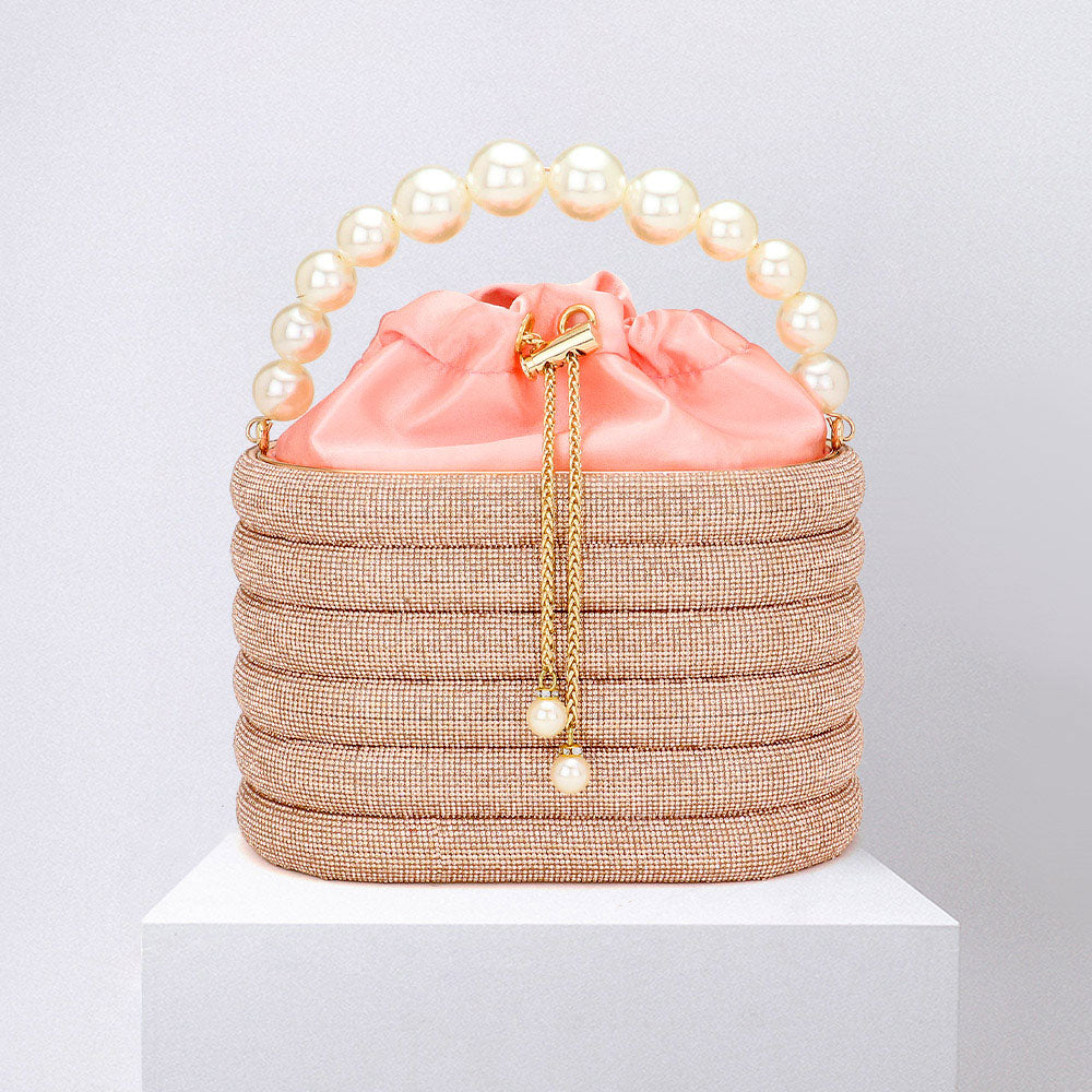 Madeline Love Beige Bling Pearl Top Handle Drawstring Box Crossbody Bag - Bags & Wallets
