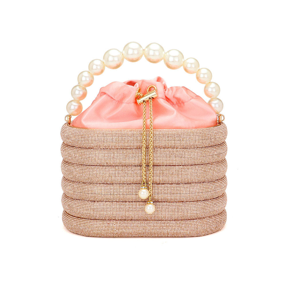 Madeline Love Beige Bling Pearl Top Handle Drawstring Box Crossbody Bag - Bags & Wallets - desc