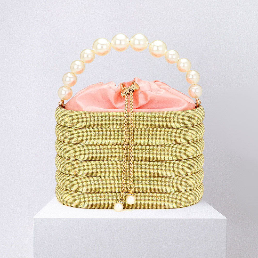 Madeline Love Gold Bling Pearl Top Handle Drawstring Box Crossbody Bag - Bags & Wallets