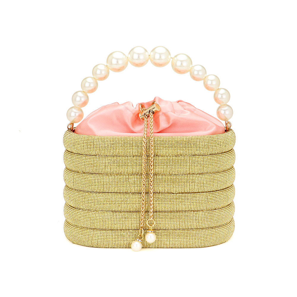 Madeline Love Gold Bling Pearl Top Handle Drawstring Box Crossbody Bag - Bags & Wallets - desc